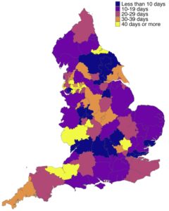 Map of England showing that most people wait for at least 20 days to get psychological therapy 