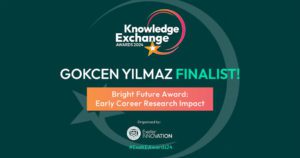 Gokcen Yilmaz is a finalist for the Bright Future Award in Early Career Research Impact, part of the Knowledge Exchange Awards 2024, organized by Exeter Innovation. The image features a star logo and text in bold with colorful accents on a dark green background. #ExeKEAwards24 is also mentioned.