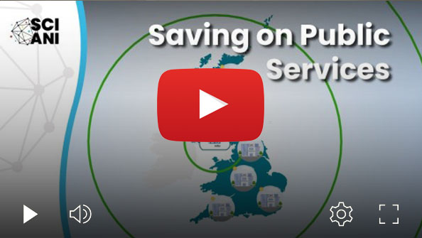 Thumbnail of a video featuring a UK map with public service icons, overlaid with the text “Saving on Public Services.” A red play button is centered, indicating it’s a YouTube-style preview. The top-left corner displays the “Sci Ani” logo with a network-like design. Credit: Sci Ani