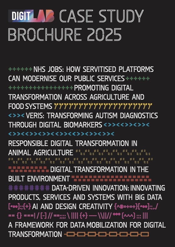 Abstract cover design for DIGIT Lab Case Study brochure, featuring layered geometric shapes in blue, green, and orange tones with bold white title text; credit: Jane Chipchase