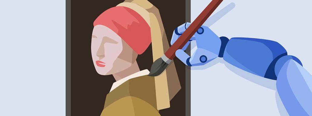 A robotic arm holding a paintbrush adds strokes to a digital artwork resembling a classic portrait, symbolizing artificial intelligence contributing to creative processes. Illustration in flat design style. Credit: Shutterstock.