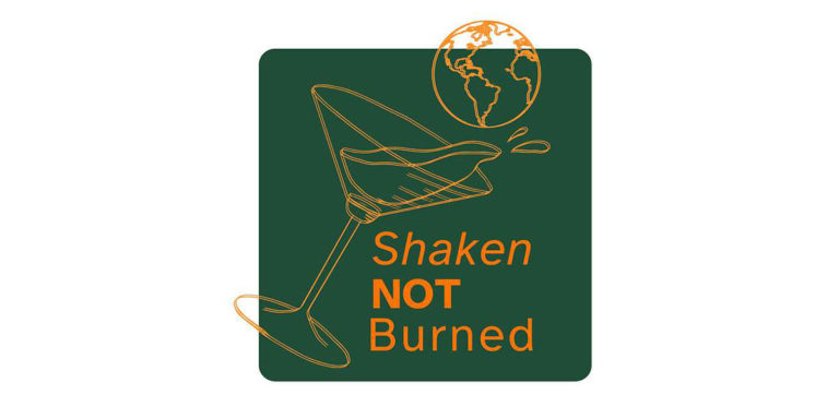 Stylised line drawing of a tilted cocktail glass splashing liquid beneath a small globe icon, set on a dark green square background. Orange text reads “Shaken NOT Burned” with “NOT” emphasised in bold uppercase.