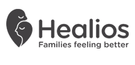 Healios logo featuring a stylised parent-and-child silhouette within a dark grey leaf shape, alongside the text ‘Healios’ and the tagline ‘Families feeling better’.