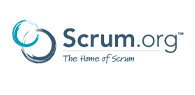 Scrum.org logo featuring two overlapping blue circular brush-stroke rings alongside the text ‘Scrum.org’ and the tagline ‘The Home of Scrum’.